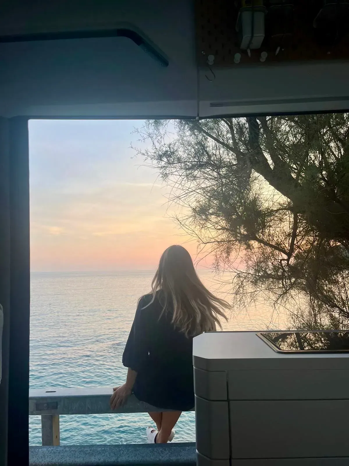 Eine Frau sitzt auf einem Geländer und blickt auf den Ozean.