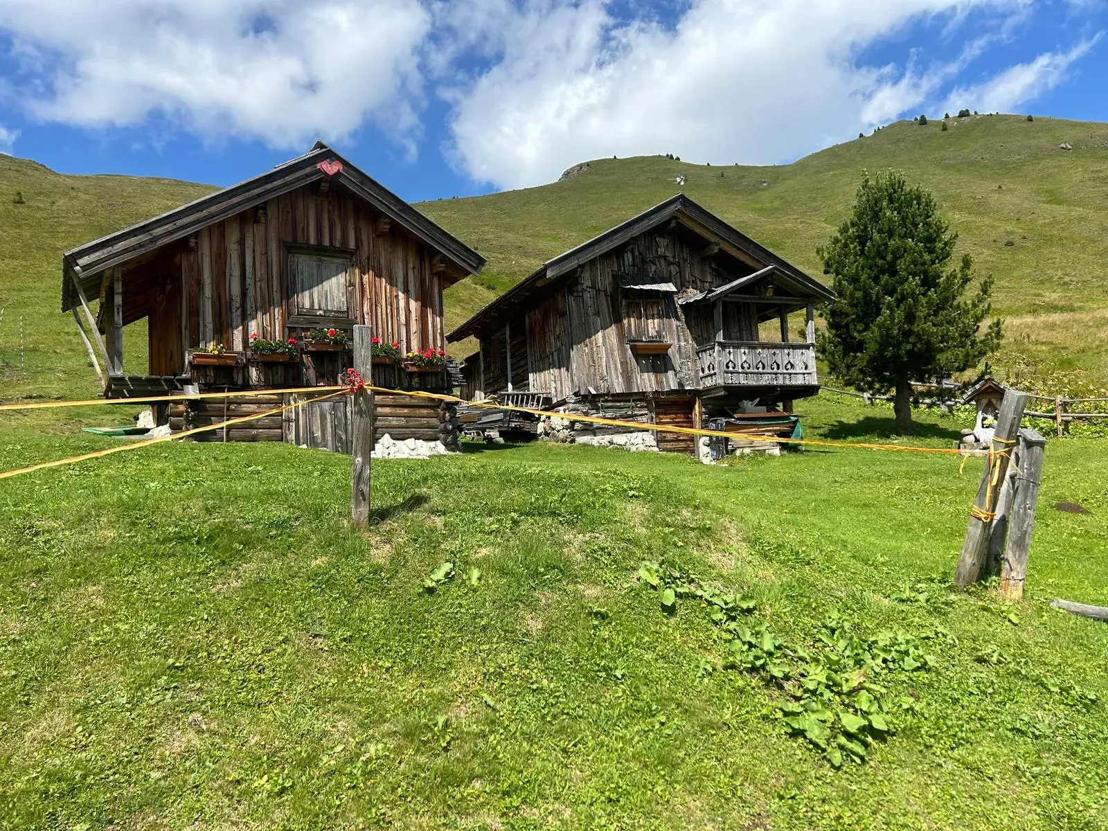 Zwei Holzhütten stehen auf einem grasbewachsenen Hügel.