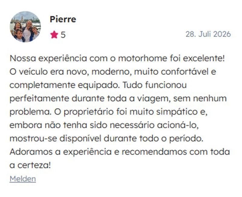 5-Sterne-Bewertung in portugiesischer Sprache, in der das Wohnmobil gelobt wird, datiert vom 28. Juli 2026.