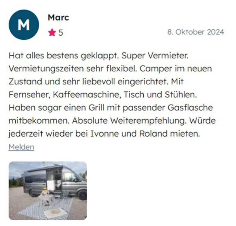 Screenshot einer Bewertung im deutschen Airbnb-Stil mit Foto eines Wohnmobils und 5-Sterne-Bewertung von Marc