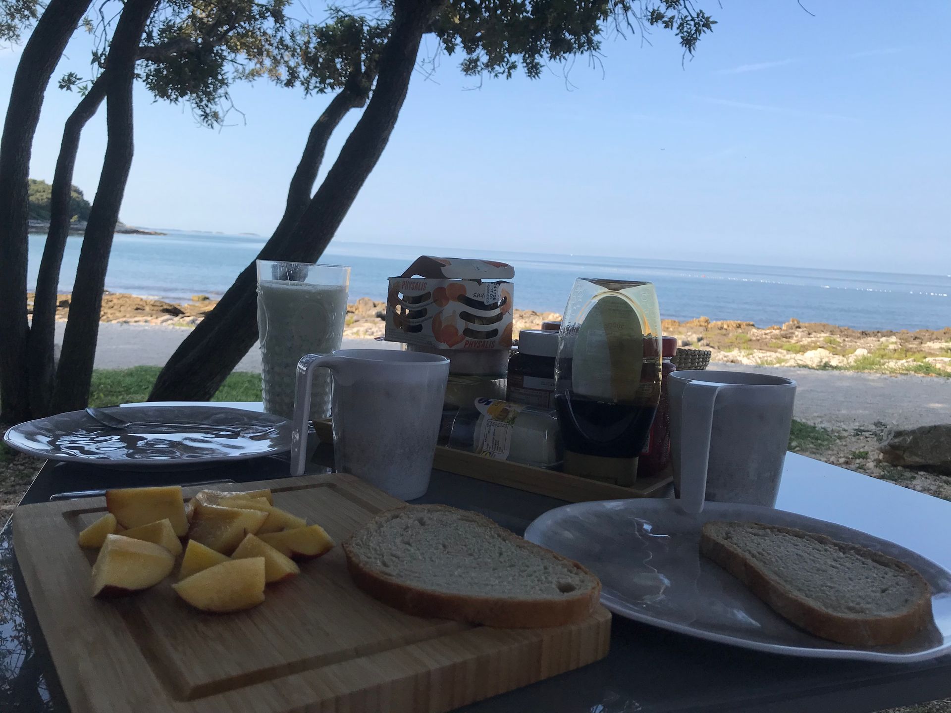 Ein Tisch mit Tellern voller Essen und Blick auf das Meer