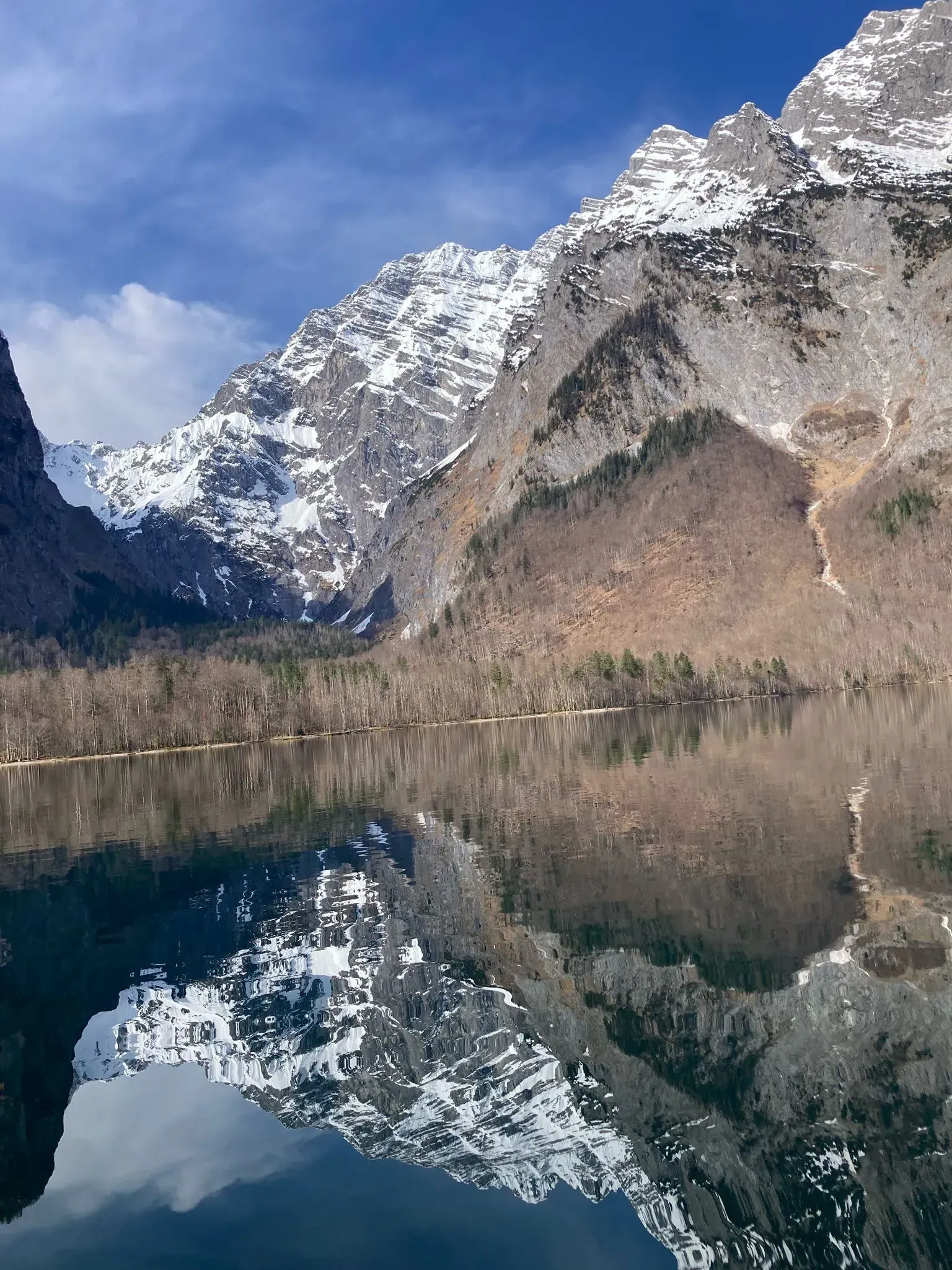 Berge spiegeln sich in einem See mit Bäumen im Vordergrund