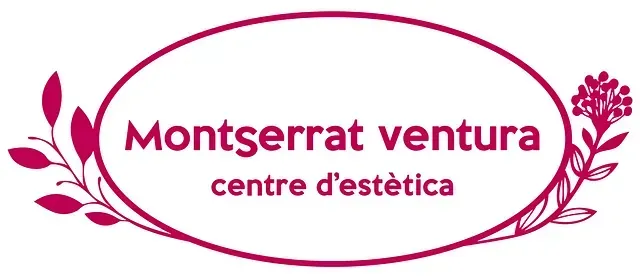 Logotip: Montserrat Ventura centre d'estètica, enmarcat en un marc ovalat amb detalls florals, en color bordeus sobre blanc.