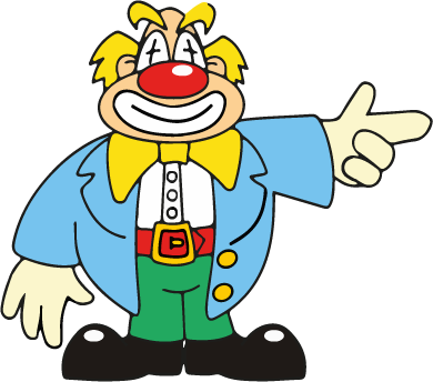 Ein Cartoon-Clown in einer blauen Jacke und grünen Hosen zeigt