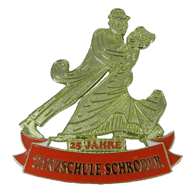 A 25 jahre tanzschule schroeder pin with a man and woman dancing