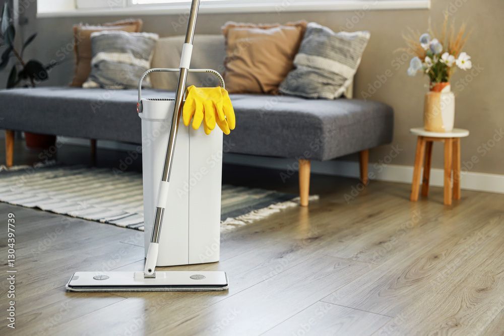 Balai et seau avec des gants jaunes dans un salon avec un canapé gris et un parquet.