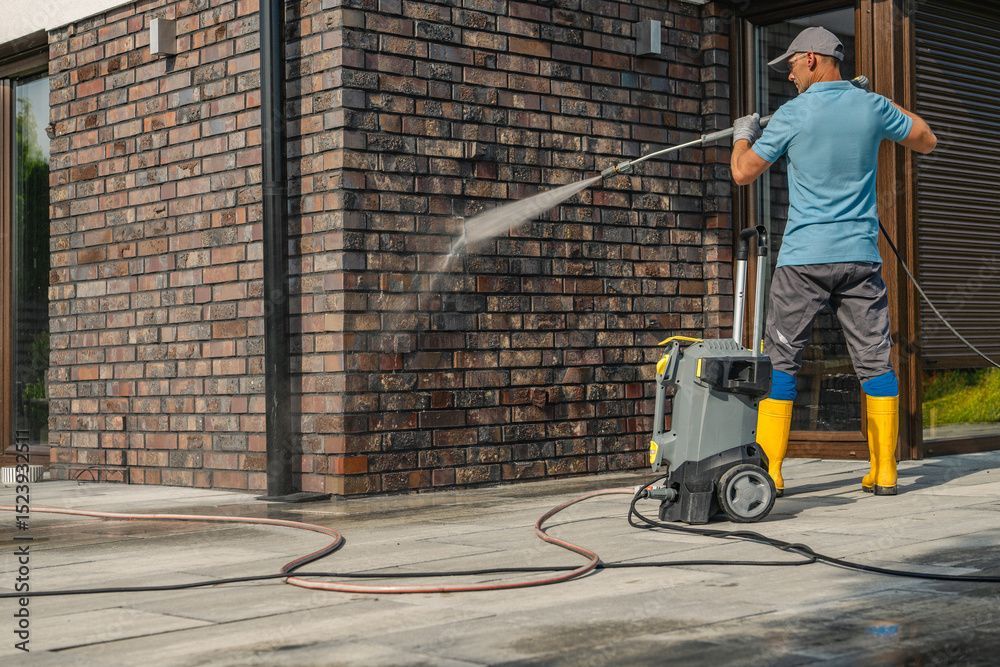 Un homme nettoie à haute pression un mur de briques d'une maison. Machine grise, bottes jaunes, chemise bleue.