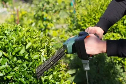 Persona que utiliza un cortasetos eléctrico para cortar arbustos verdes al aire libre.