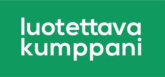 White “luotettava kumppani” text on a green background