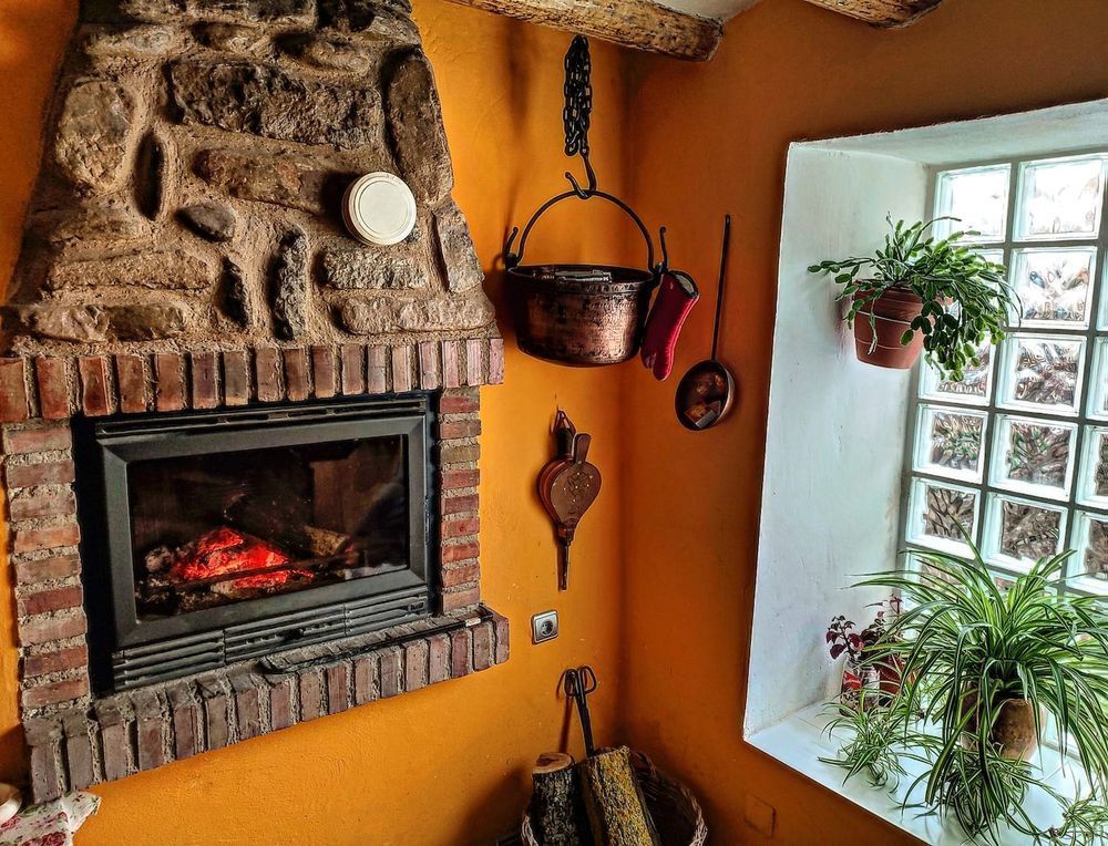 Hay una chimenea en la esquina de la habitación.