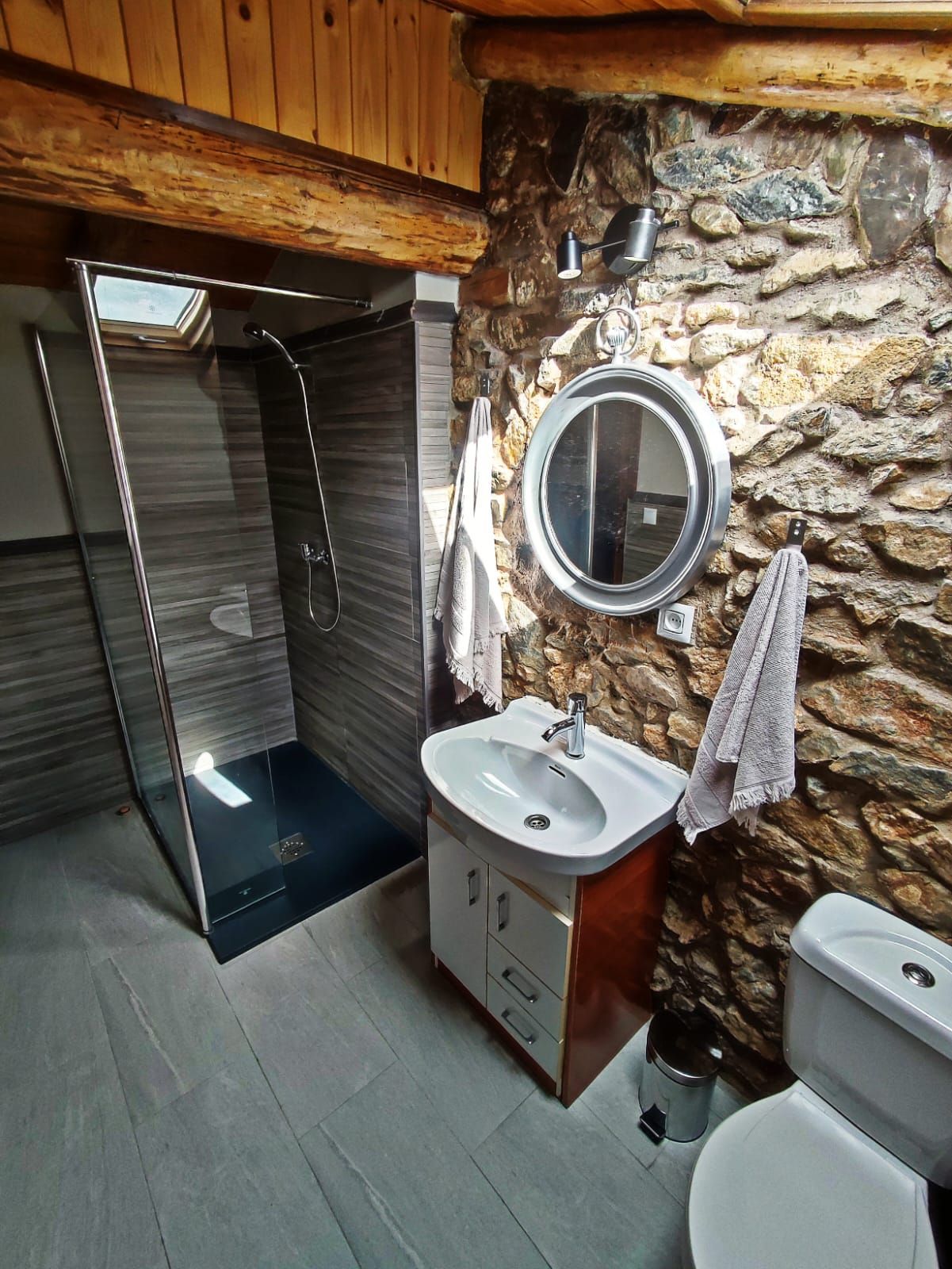 Un baño con lavabo, inodoro y ducha.