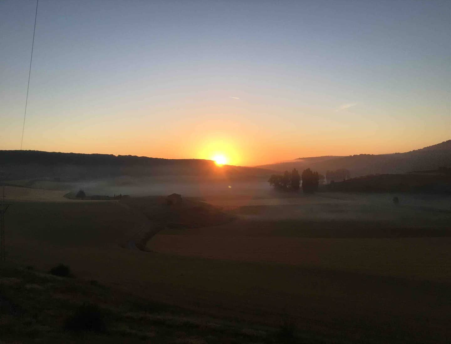 El sol se pone sobre un campo con árboles en primer plano.