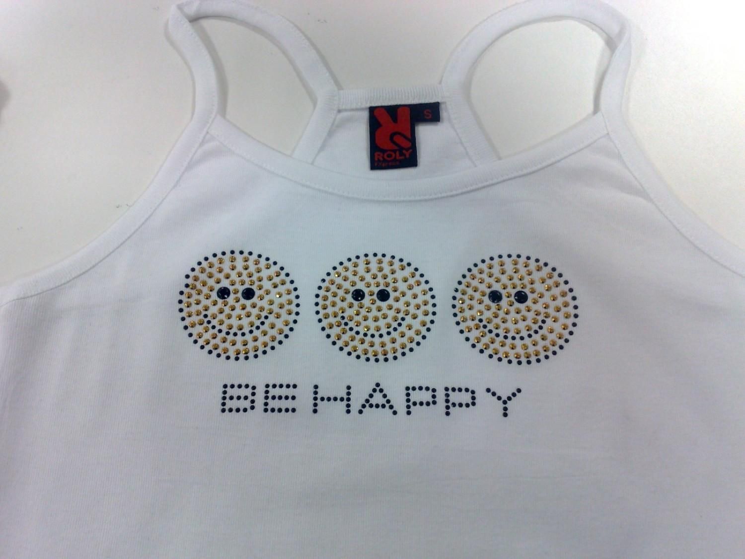 Camiseta blanca sin mangas con caras sonrientes adornadas con cuentas y el texto 