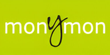 Logotipo con la palabra "mony mon" en fuente blanca sobre fondo verde, con la "y" en fuente cursiva negra.