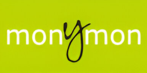Logotipo con la palabra "mony mon" en fuente blanca sobre fondo verde, con la "y" en fuente cursiva negra.