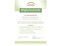 Mitgliedsbescheinigung des Vereins „Heimische Landwirtschaft“. Grün und weiß mit Logo und Text.