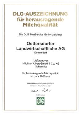 DLG-Auszeichnung für herausragende Milchqualität 2020