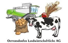 Eine Holstein-Kuh neben einem Sack Kartoffeln und einem Mähdrescher; Logo der Oetterdorfer Landwirtschaftliche AG.
