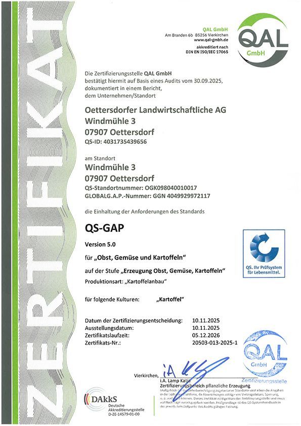 QS-Kartoffeln-09.08.2023-05.12.2024 Certificate from QAL GmbH for Oettendorfische Landwirtschaftliche AG, QS-GAP standards compliant.