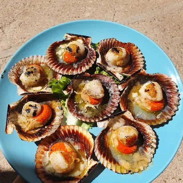 Un plato azul cubierto con vieiras y lechuga.