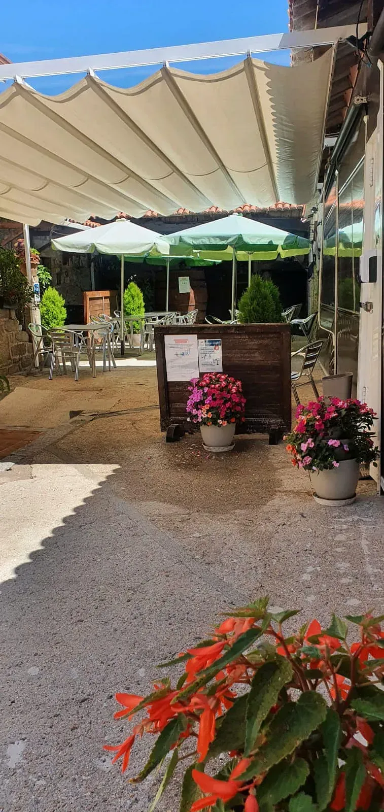 Un restaurante con sombrillas y flores delante.