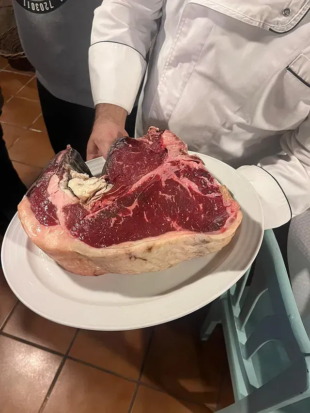 Una persona sostiene un plato blanco con un gran trozo de carne encima.