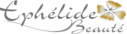 Logo pour Eph&eacute;lide Beaut&eacute; pr&eacute;sentant une &eacute;l&eacute;gante typographie grise cursive &agrave; c&ocirc;t&eacute; d'une ic&ocirc;ne florale dor&eacute;e &agrave; quatre p&eacute;tales.