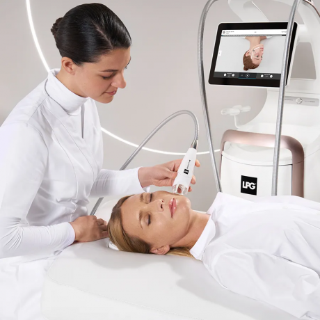 Un professionnel en blouse blanche utilise un appareil portatif au GPL sur le visage d'une personne allongée lors d'une séance de soin de la peau.