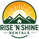 Rise 'N Shine Rentals logo with sunrise, mountains, and a house icon in green, gold, and white