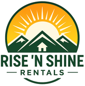 Rise 'N Shine Rentals logo with sunrise, mountains, and a house icon in green, gold, and white