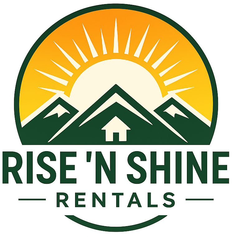 Rise 'N Shine Rentals logo with sunrise, mountains, and a house icon in green, gold, and white