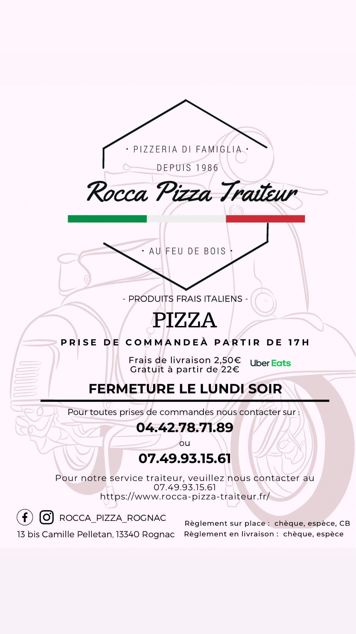 Affiche pour Rocco's Pizza Trattoria en noir, rouge et vert, avec un logo de pizza et les informations sur le restaurant.