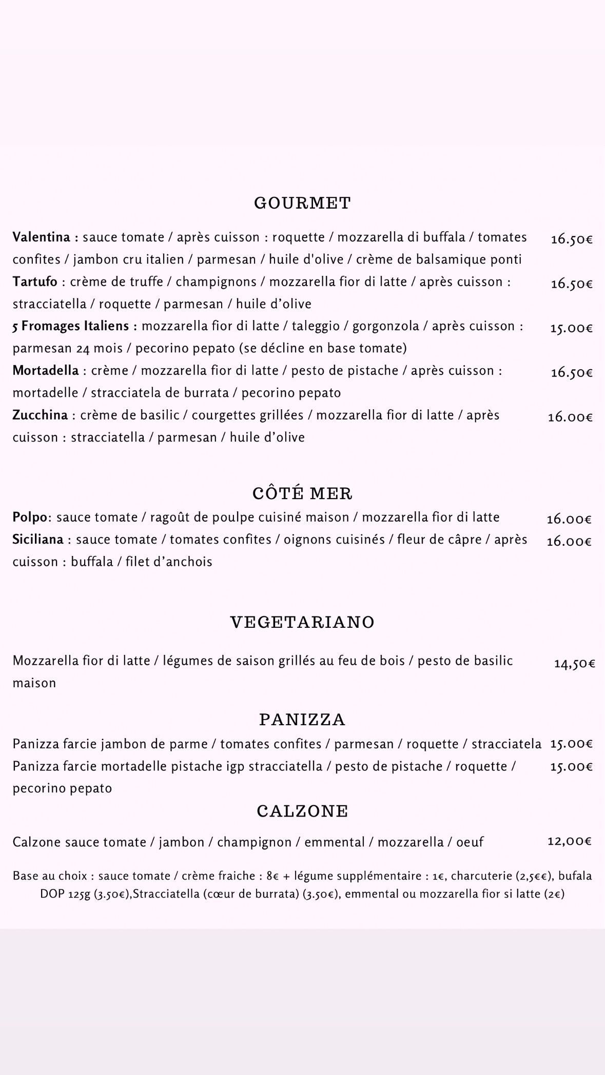 Carte des pizzas gourmet, coté mer et végétarienne