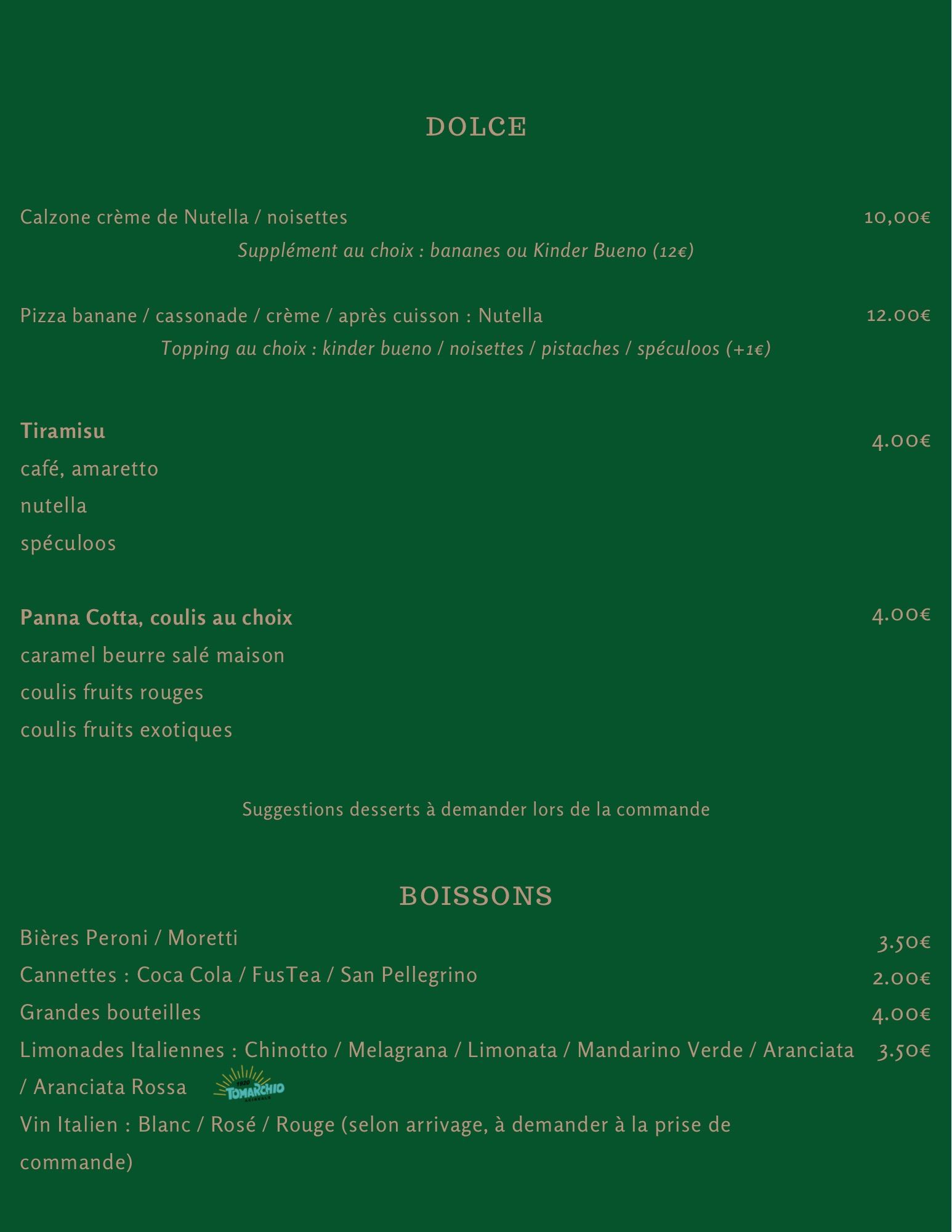 Carte des desserts et boissons