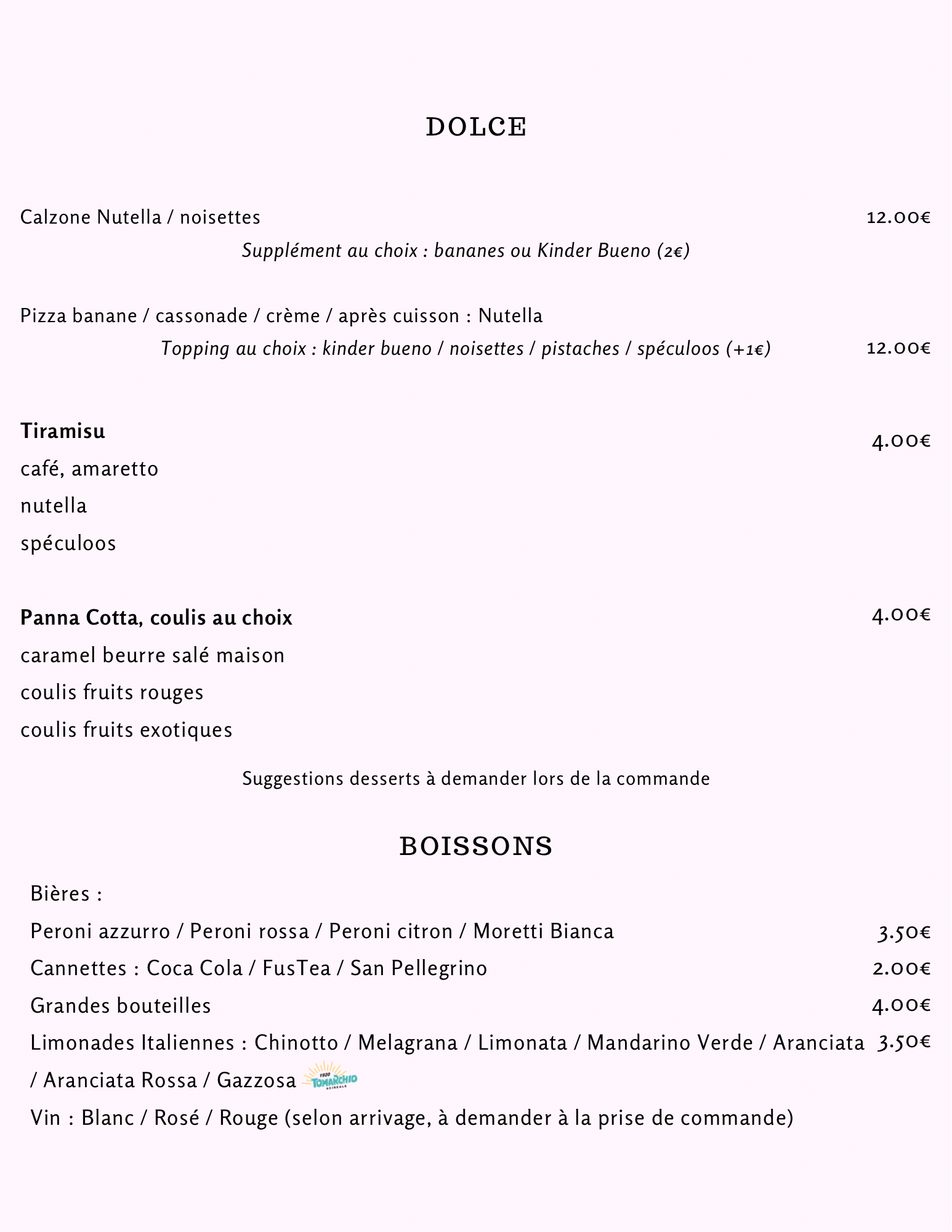 carte des desserts