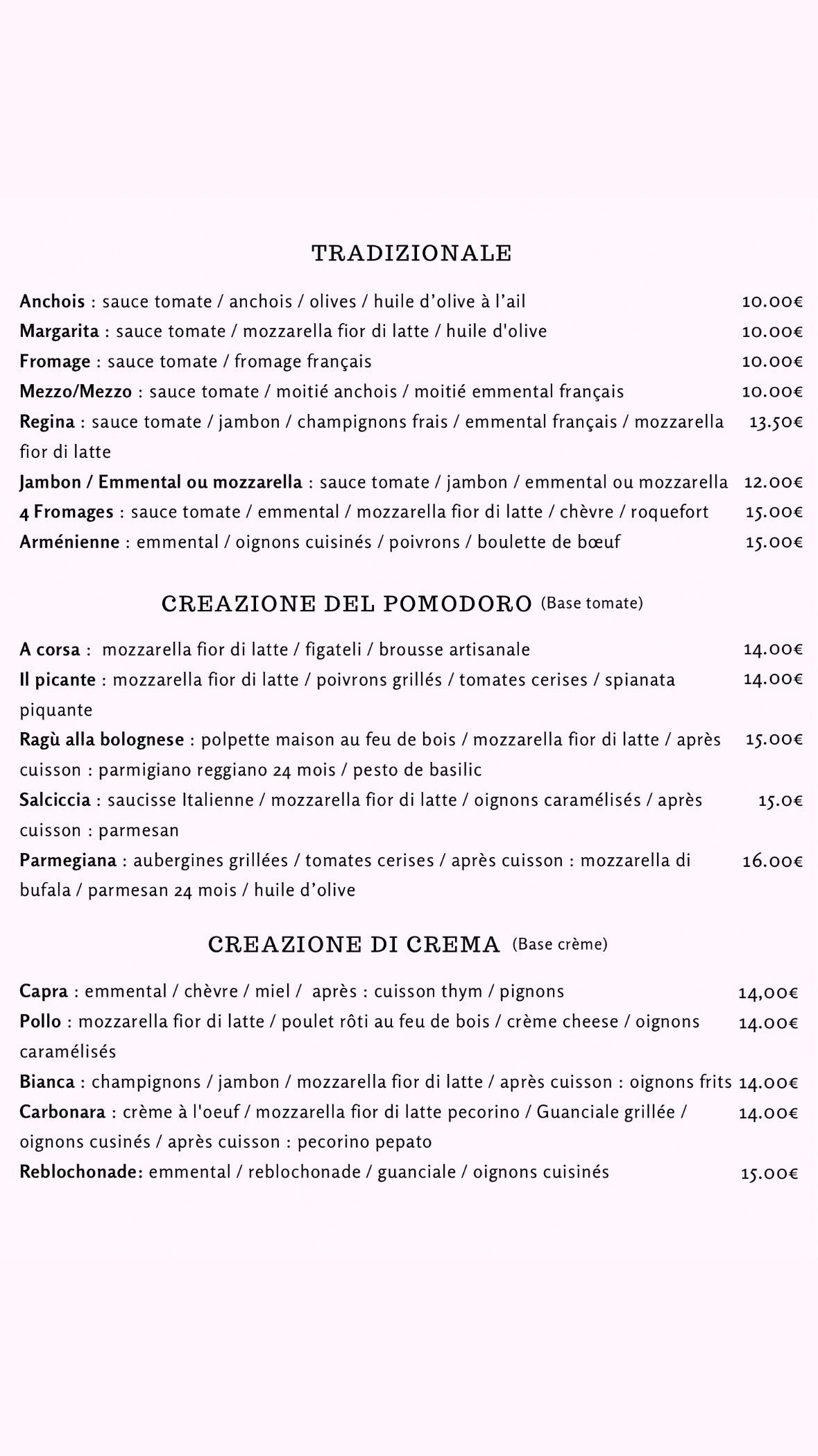 carte des pizzas