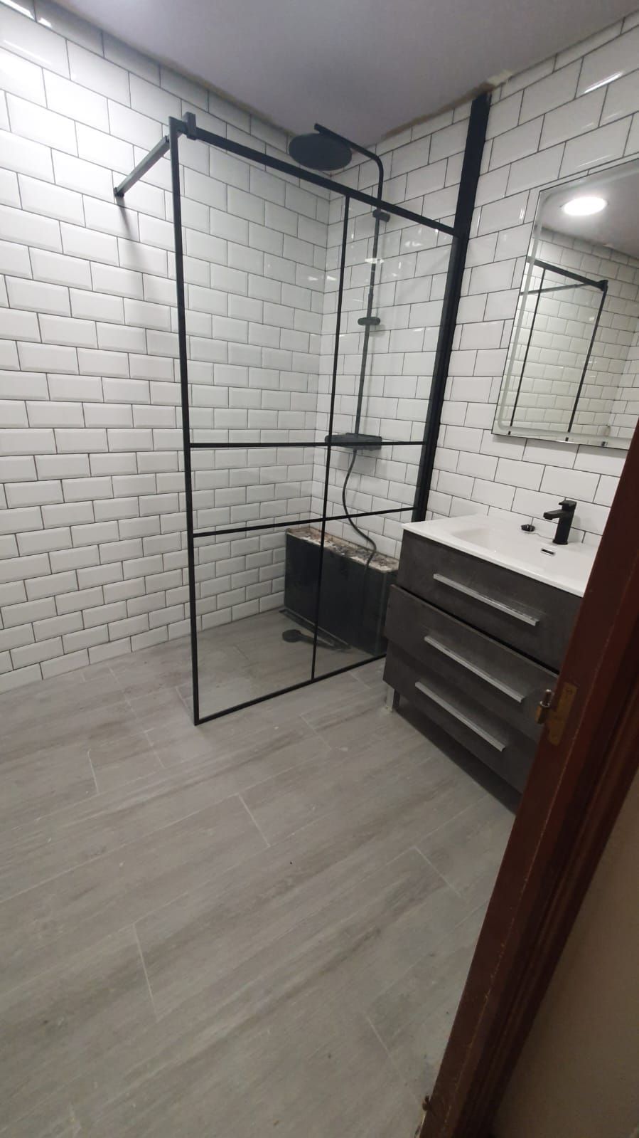 Un baño con ducha, lavabo y espejo.