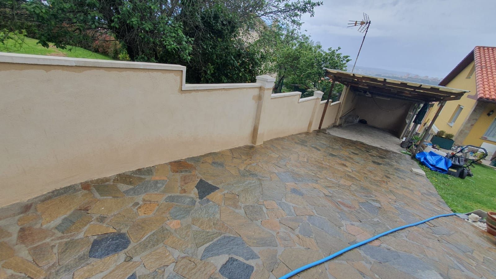 Una manguera está sentada en un patio de piedra frente a una casa.