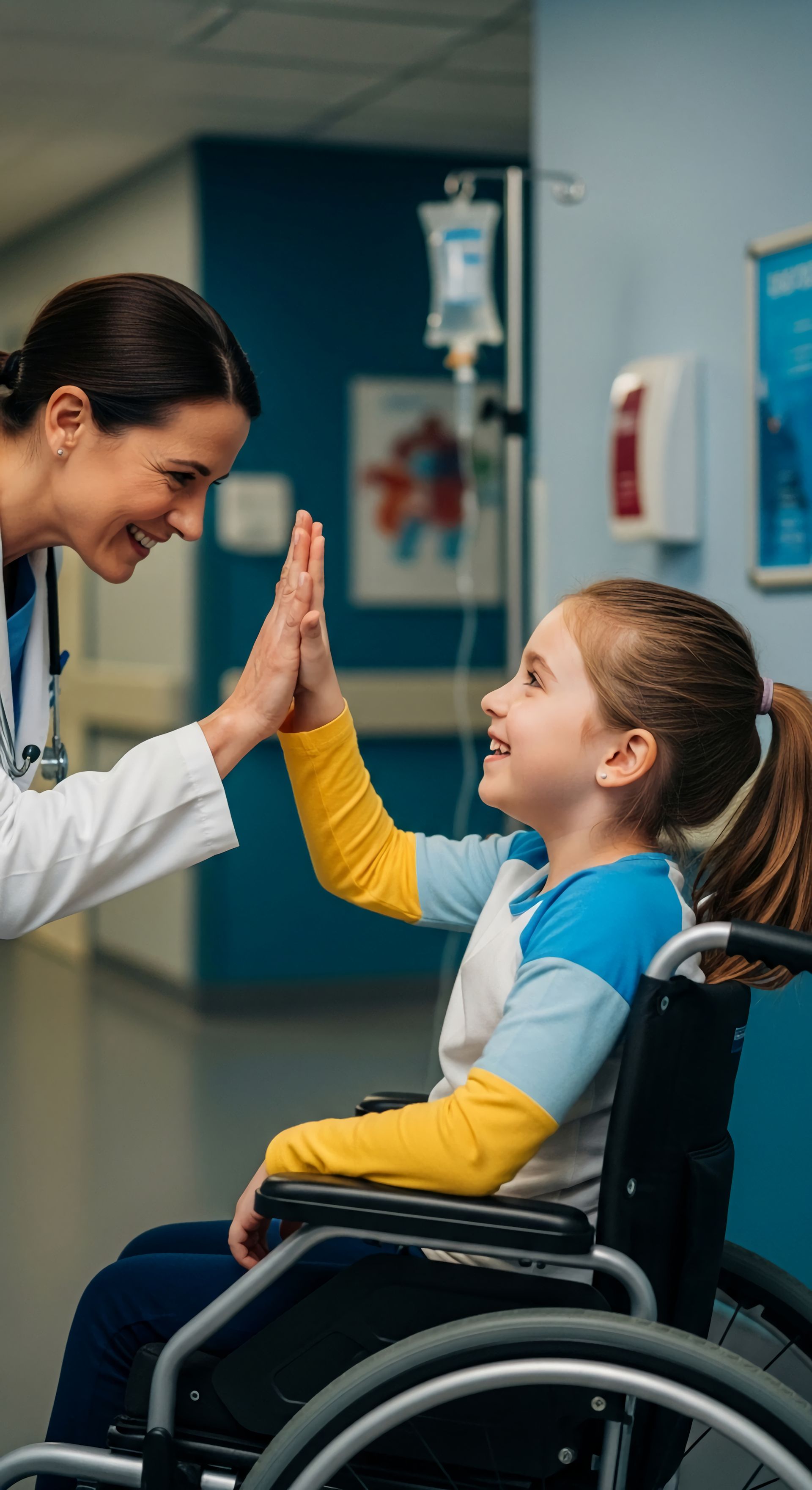 Un médecin tape dans la main d'une jeune fille en fauteuil roulant dans un couloir d'hôpital. 