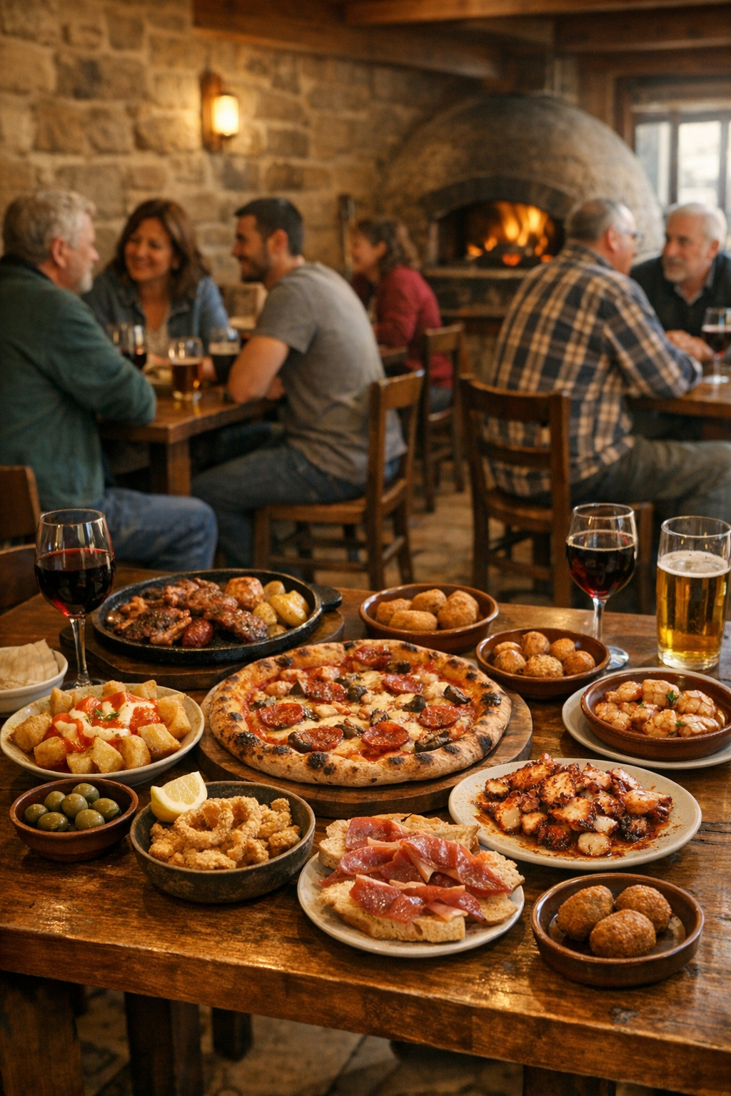 Restaurante rústico donde los amigos cenan y comparten pizza, aperitivos y bebidas alrededor de una mesa de madera.