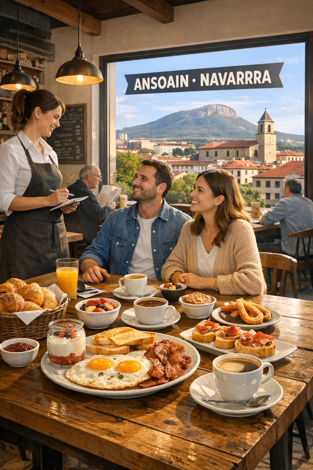 Amigos cenando en un acogedor restaurante con tapas y postres, con vistas a un pueblo de Navarra, España.