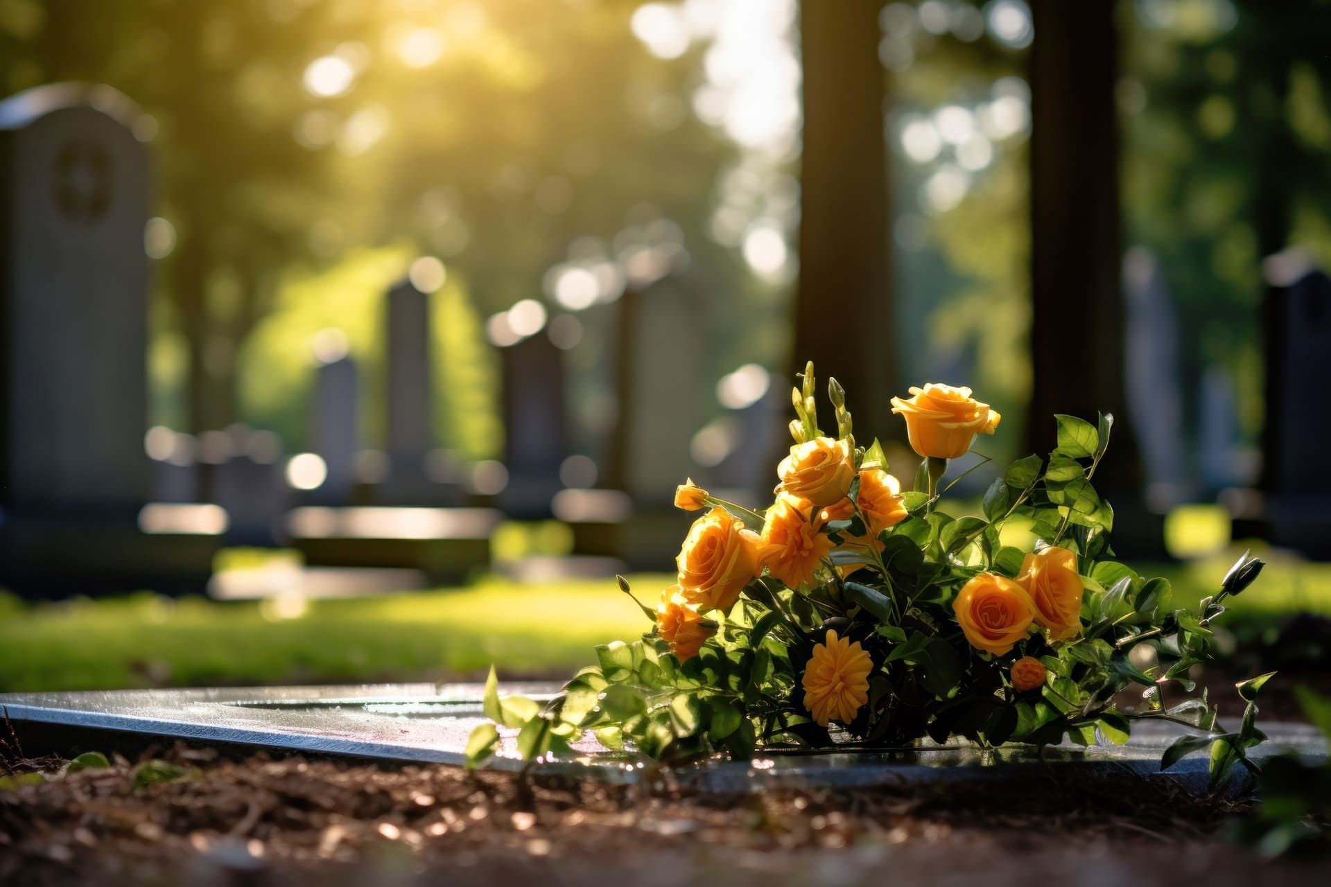 Ein Haufen gelber Rosen sitzt auf einem Grabstein in einem Friedhof | ZIESCHE // GRABMALE