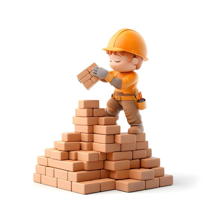 Illustration d'un artisan qui  monte un mur en brique