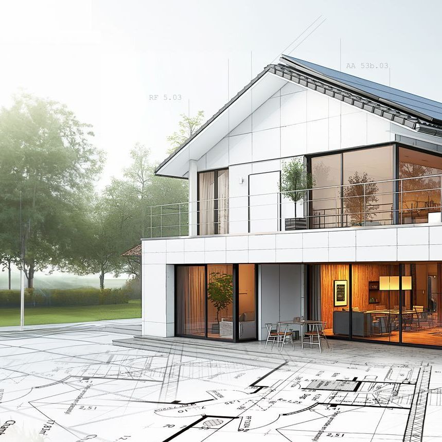 Maison en 3D posée sur un plan d'architecte