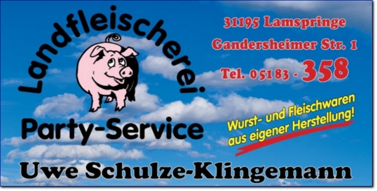 Logo der Landfleischerei, einer Metzgerei in Lamberne, Deutschland. Zeigt ein Schwein, Text und eine Telefonnummer.