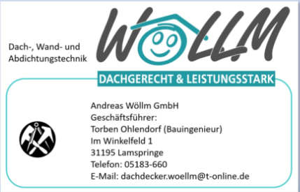 Visitenkarte für Wöllm, Dachdeckerfirma, mit Logo und Kontaktinformationen.