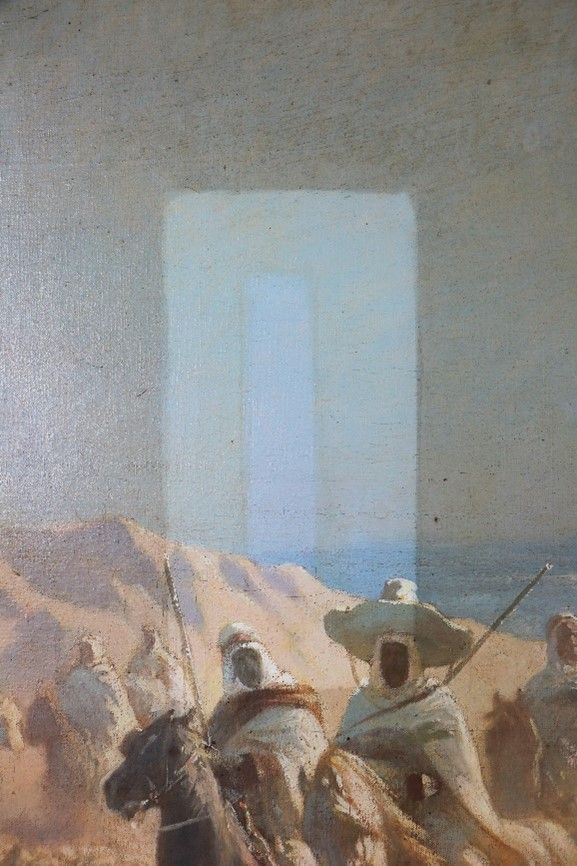 Nettoyage d'une peinture représentant des hommes à cheval.