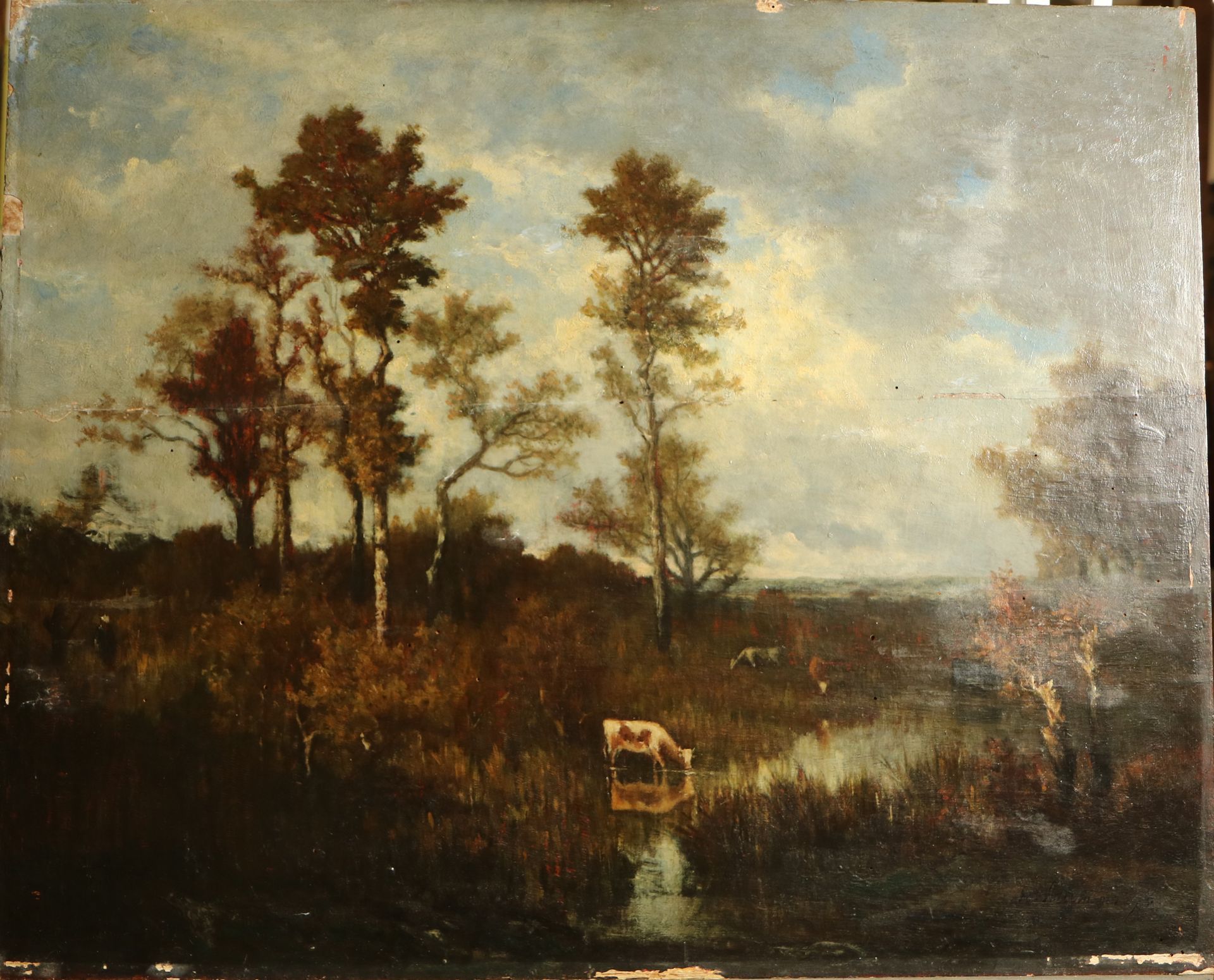 Tableau avant restauration : vache qui boit dans une rivière.