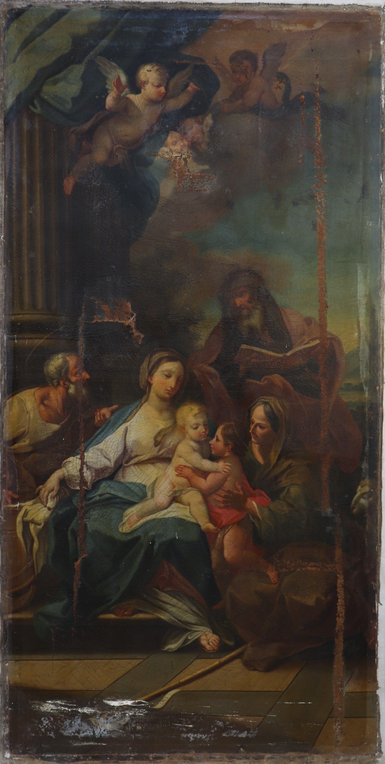 Tableau avec des anges avant restauration.