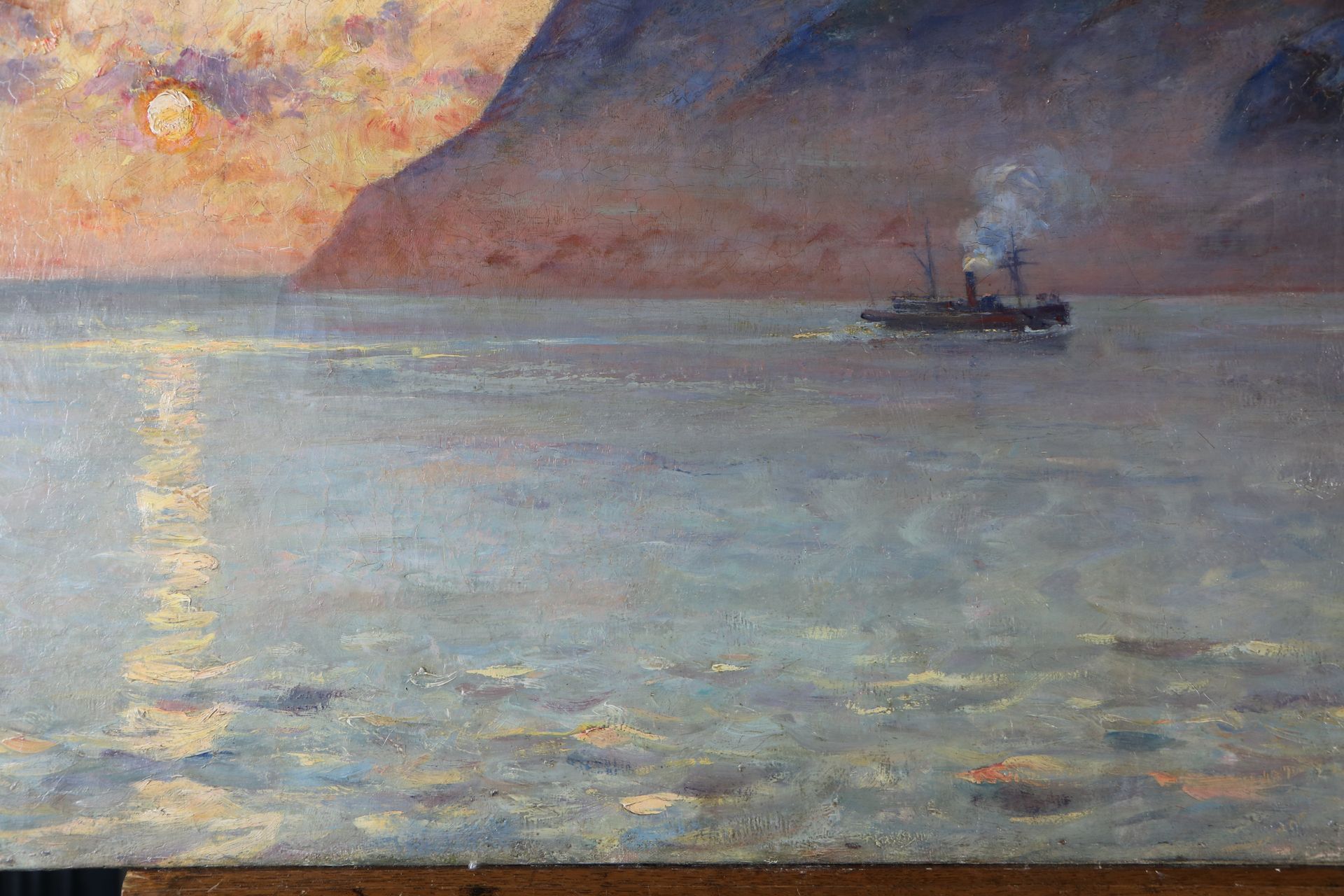 Tableau après restauration : bateau à vapeur sur la mer.